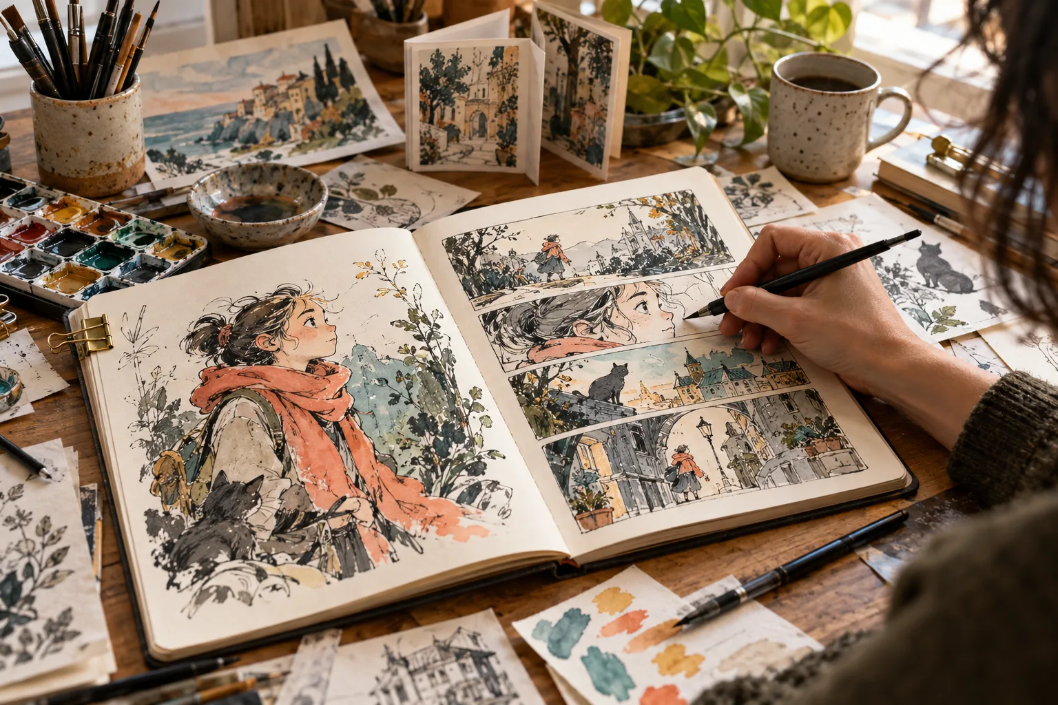 Illustrator inking a character sequence in a sketchbook